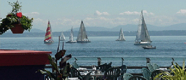 View of the deck and sailboats at Antony's At Point Defiance.