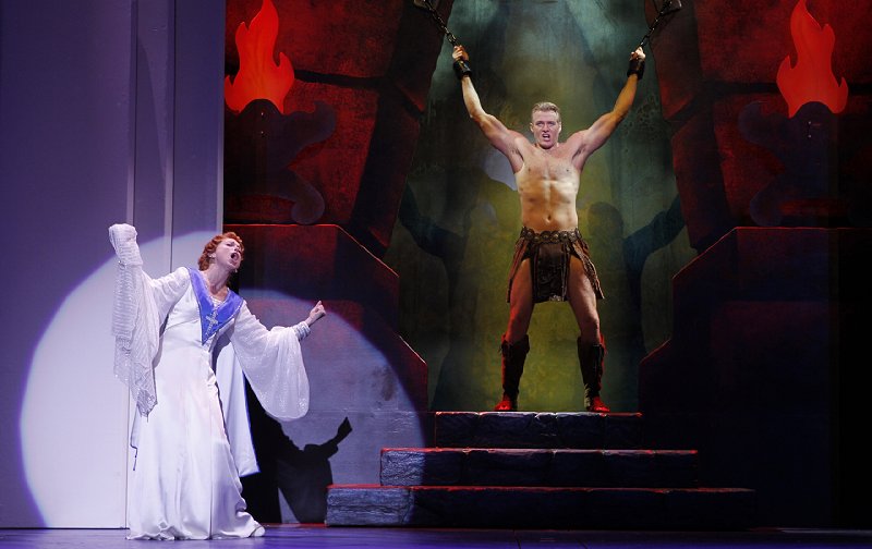 Aimee Semple McPherson (Carolee Carmello) and David Hutton (Ed Watts) in Saving Aimee at The 5th Avenue Theatre. Photo: Chris Bennion