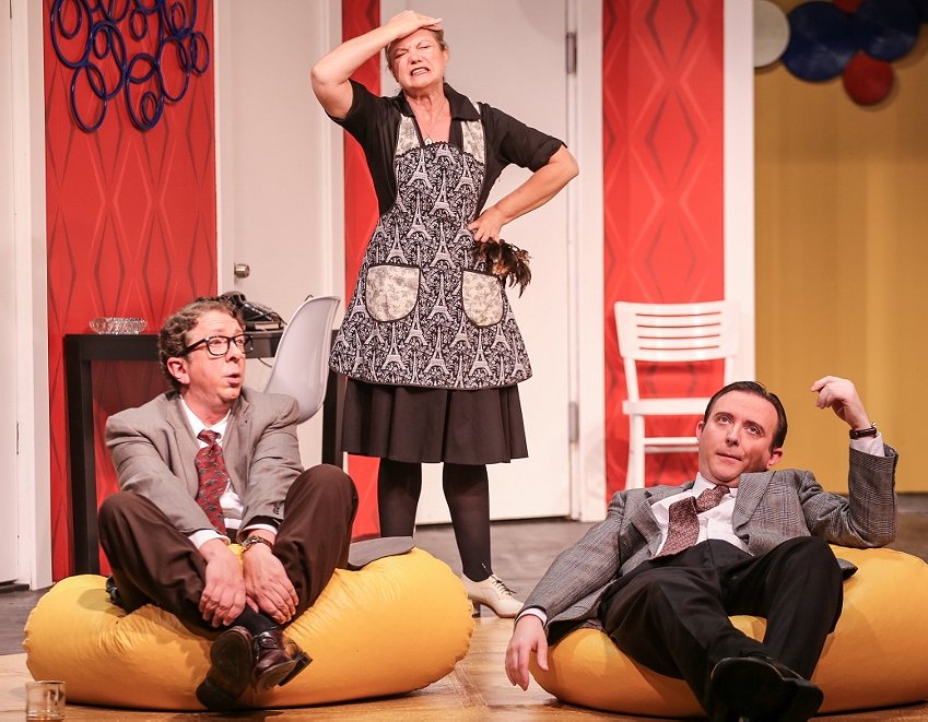 Robert (Robert Alan Barnett), Berthe (Brynne Garman), Bernard (Greg Lucas) in Boeing Boeing at Tacoma Little Theatre - Photo courtesy Dennis K Photography - image.