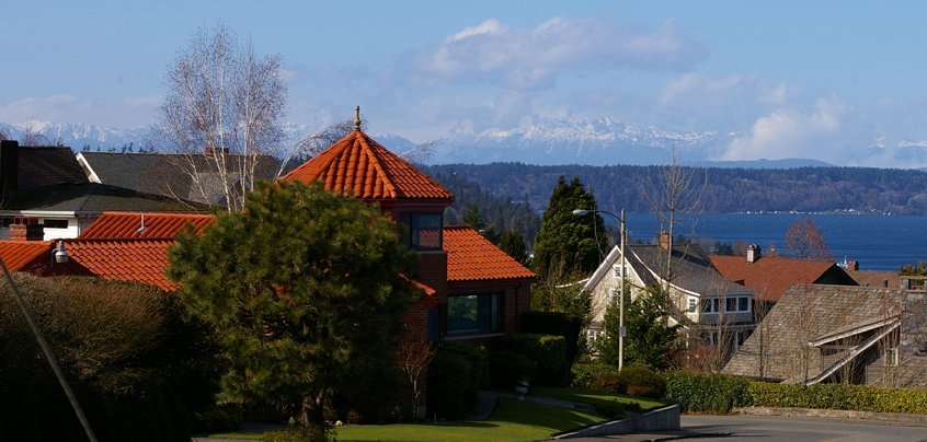 Puget Sound and view of the Olympic Mountains from Tacoma, Washington.