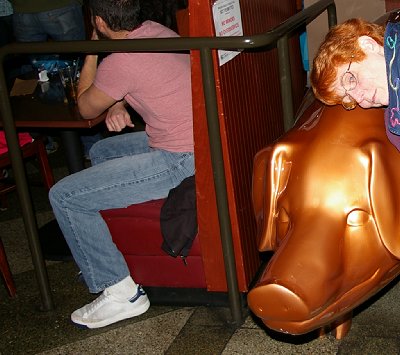 Peg hugging the hog at The Copper Hog restaurant in Bellingham, Washington.