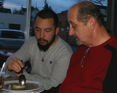 Sean and Donn eating the Irish Onion Soup from The Copper Hog restaurant in Bellingham, Washington.