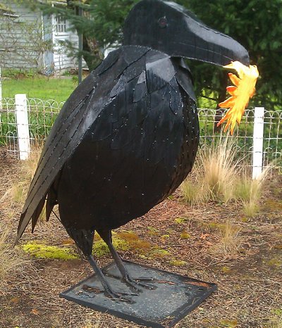 A welded raven sculpture created by artist Harlow Friday in Bellingham, Washington.