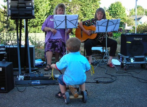 Caden Pence enthralled with Barb and Jan.