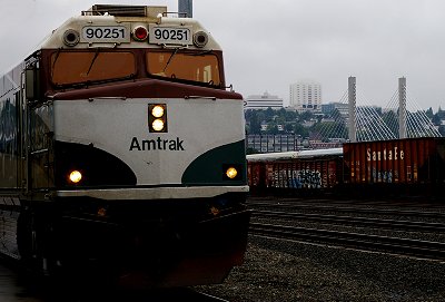 The Amtrak Cascades train coming into the Tacoma Amtrak Station.