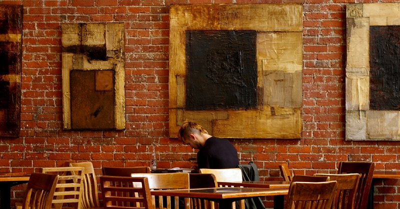 A patron sitting in the Zeitgeist Coffee house in downtown Seattle.