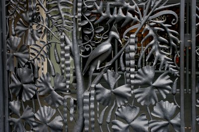 An ornate security gate in downtown Seattle.