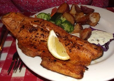 The ruby red Idaho trout at The Crab Pot in Seattle, Washington.