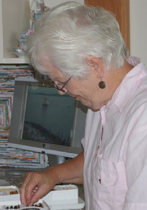 Sister Mary Pat Murphy choosing a cookie while the TV shows the latest arriving Tall Ship.