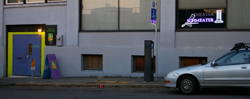 Theater Schmeater tucked in beneath Brocklind's tux rental and costume shop.