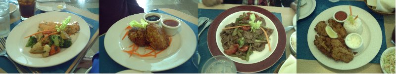 White King Salmon, Thai Crab Cakes, Beef with Black Bean Hoisin Sauce, and Fried Geoduck at Xinh's Seafood Restaurant in Shelton, Washinton on our Shelton Geoduck Adventure - photo.