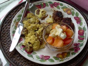 Excellent scrambled eggs with local mushrooms.