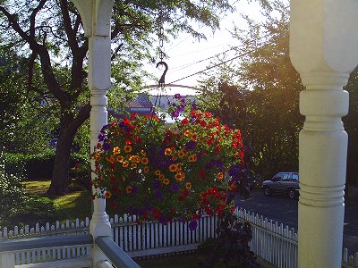 Flowers on the porch of The La Conner Quilt & Textile Museum in La Conner, Washington - photo.