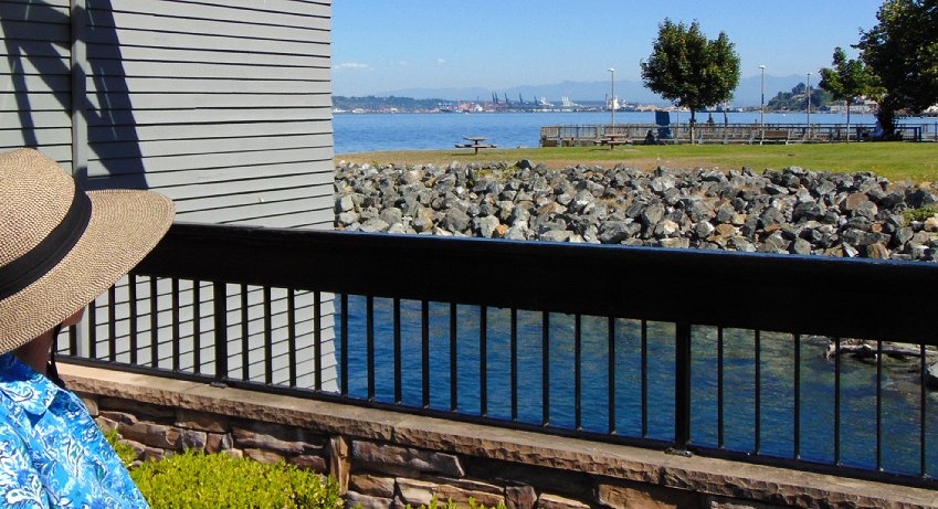 Peg Doman outside the Lobster Shop enjoying the view of Tacoma - image.