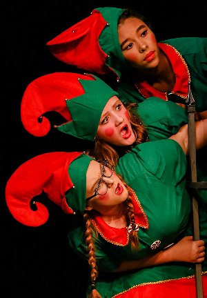Elf Z played by Makayla Broxton, Elf Q played by Mary Norton, and Elf J played by Jayda Slack at Tacoma Little Theatre - Photo courtesy Dennis K Photography - image.