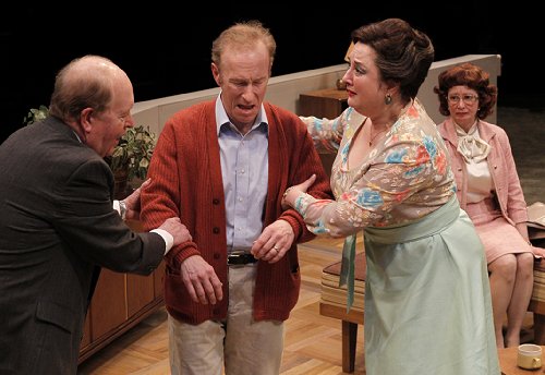 John Aylward as Harry, R. Hamilton Wright as Mel, Julie Briskman as Jessie, and Kimberly King as Pearl, in the Prisoner of Second Avenue by Neil Simon at ACT Theatre. - Photo: Chris Bennion 