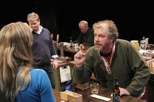 Jennifer Lee Taylor as Janet, Shawn Telford as Adam, R. Hamilton Wright as Palmer, and Charles Leggett as Ray, in Yankee Tavern by Steven Dietz at ACT - A Contemporary Theatre.
Photo: Chris Bennion.