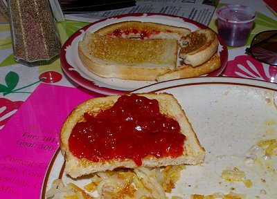 Toast smeared with rhubarb jam in Sumner, Washington.