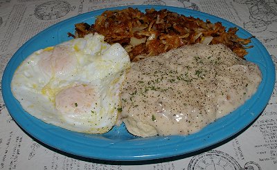 Breakfast biscuits and gravy at the K.C. Bakery and Cafe in Sumner, Washington.