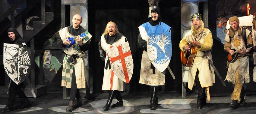 (L to R) XANDER LAYDEN (Lancelot), TIM McFARLAN (Robin), GARY CHAMBERS (Galahad), STEVE TARRY (Arthur) and COLEMAN HAGERMAN (Patsy) - Photo by KATE PATERNO-LICK.