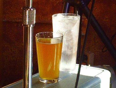 Miles' suitcase table and beer at The Hub in Tacoma, Washington - Photo.