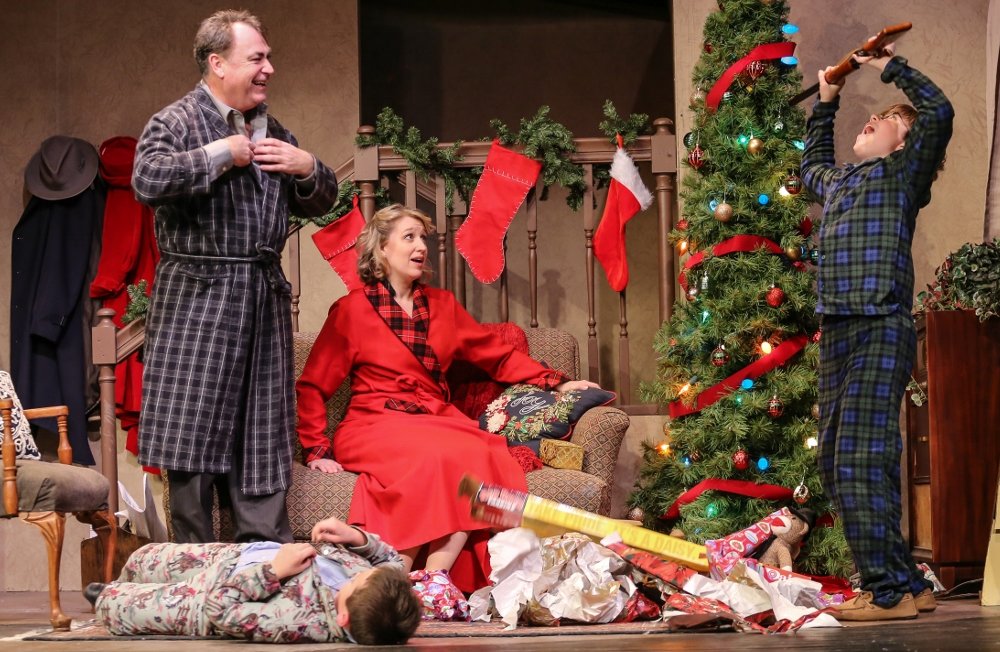Andrew Fry, Heidi Walworth-Horn, Mason Gibbons, Liam Loughridge in A Christmas Story - Tacoma Little Theatre - image - Photo courtesy Dennis K Photography.