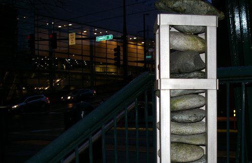 Rock sculptures at the Link stop outside Aviateur in downtown Tacoma - image.