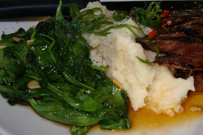 Miso Flank Steak and spinache served at Arnies in Edmonds, Washington - image.