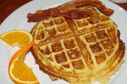 Cornmeal Waffle and bacon from the Chanterelle Restaurant in Edmonds, Washington - image.