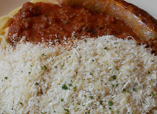 Meat sauce and Mizithra cheese with spaghetti at the Lynnwood Old Spaghetti Factory - image.