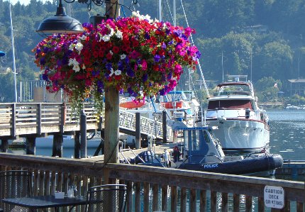 Flowers and deck at the Netshed No. 9 in Gig Harbor, Washington.