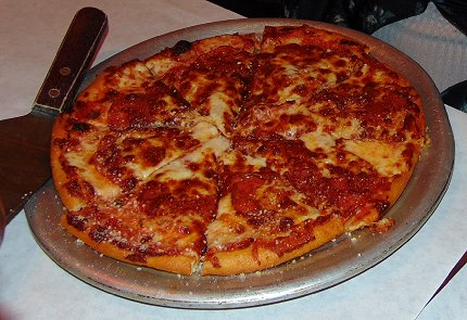 Pepperoni pizza from Giorgios Greek Restaurant in downtown in Puyallup, Washington.