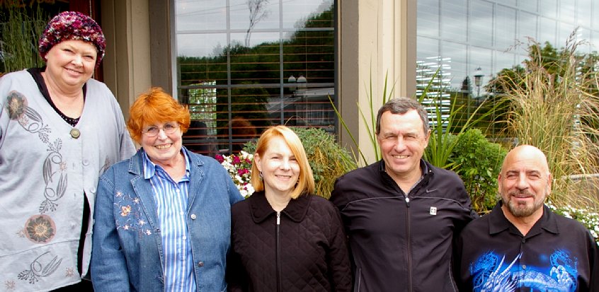 Margaret Wingerter, Peg Doman, Cindy Schuckenbrock, Mel Schuckenbrock, and Jack Wingerter outside Shenanigans in Tacoma, Washington.