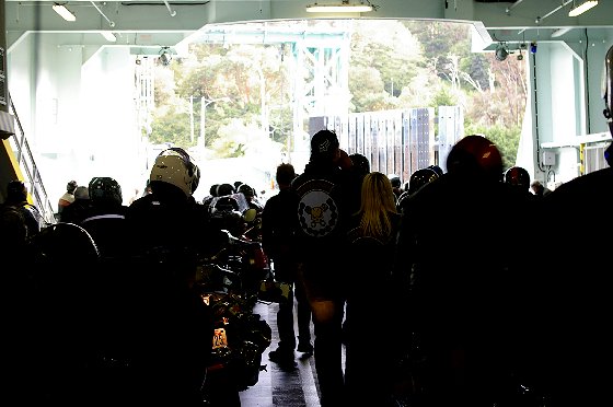 Motorcyclists riding the ferry from Tacoma to Vashon Island - image.